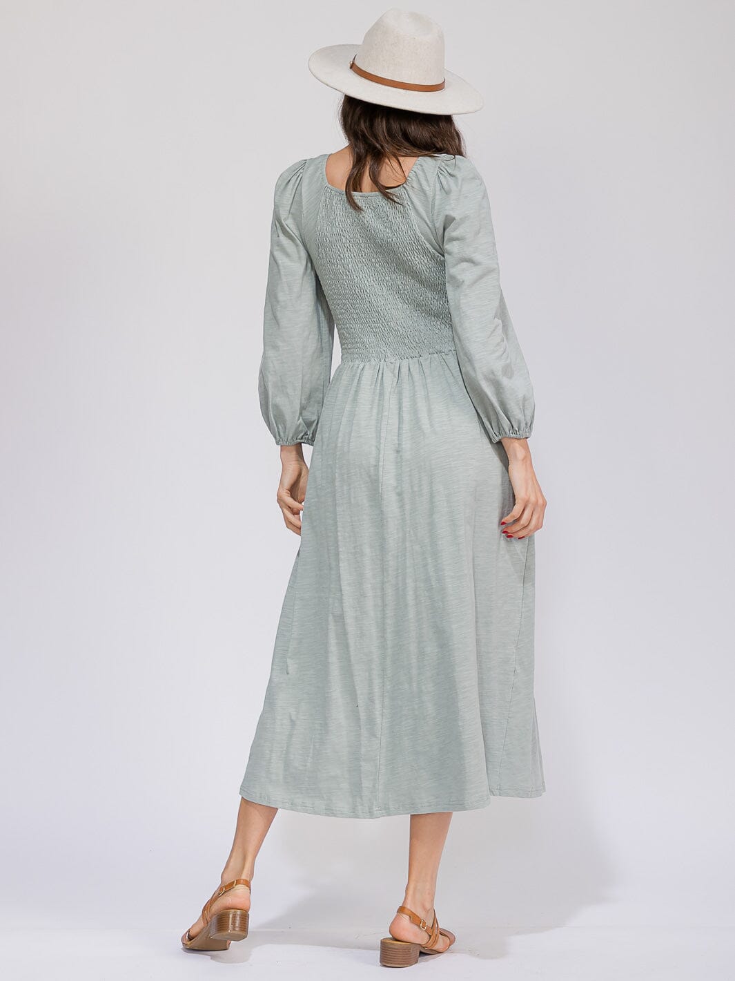 WOMEN'S LONG SLEEVE SMOCK FRONT POCKETS MAXI DRESS