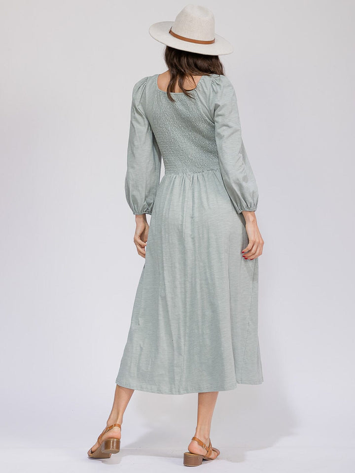WOMEN'S LONG SLEEVE SMOCK FRONT POCKETS MAXI DRESS