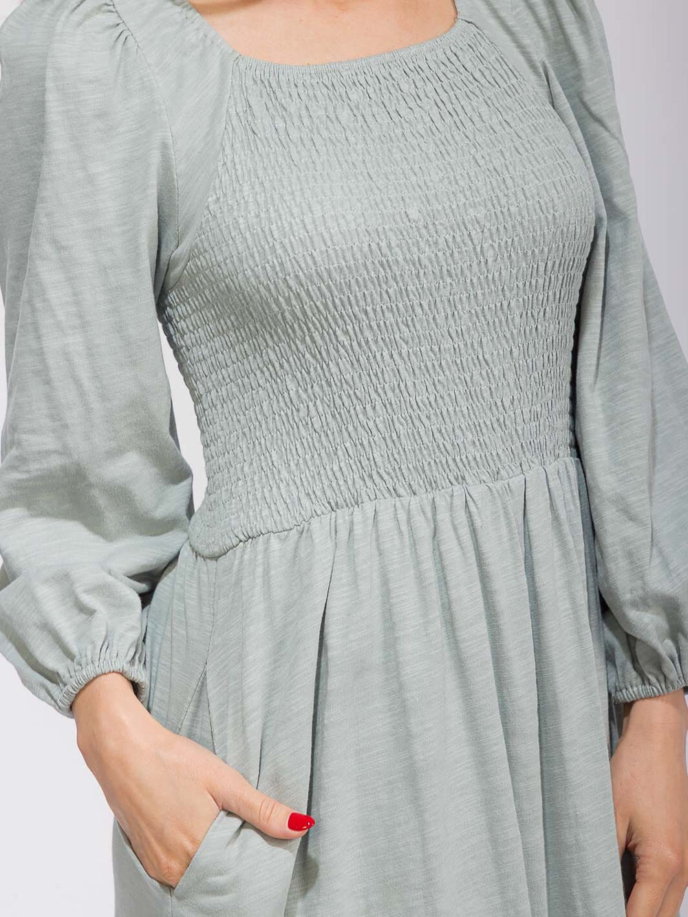 WOMEN'S LONG SLEEVE SMOCK FRONT POCKETS MAXI DRESS