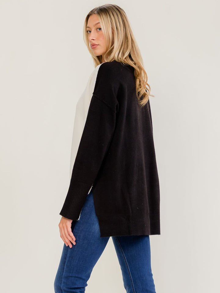 WOMEN'S LONG SLEEVE COLORBLOCK HIGH-LOW PULLOVER SWEATER