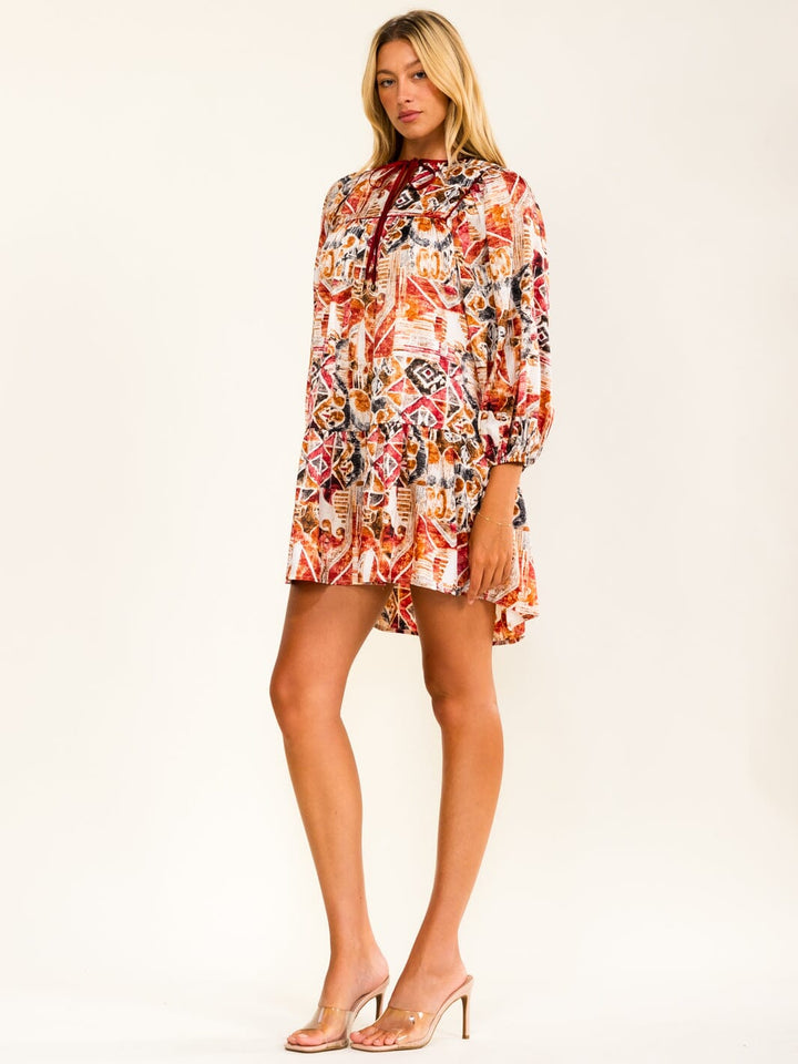 WOMEN'S 3/4 SLEEVE V-NECK FRONT POCKETS MULTI PRINT MINI DRESS