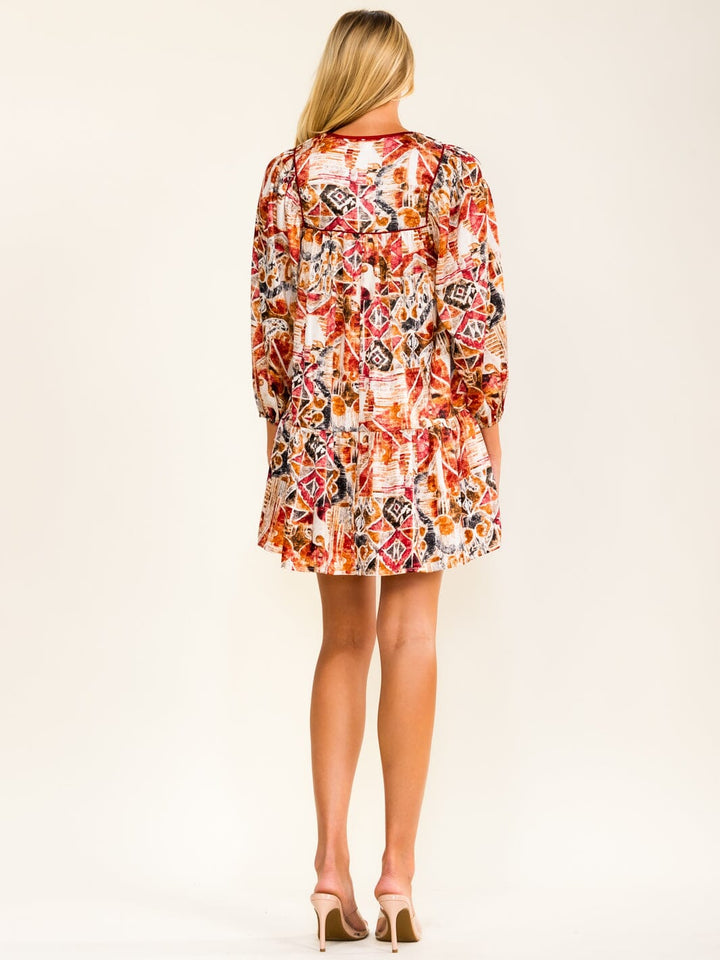 WOMEN'S 3/4 SLEEVE V-NECK FRONT POCKETS MULTI PRINT MINI DRESS