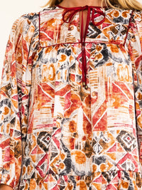 WOMEN'S 3/4 SLEEVE V-NECK FRONT POCKETS MULTI PRINT MINI DRESS