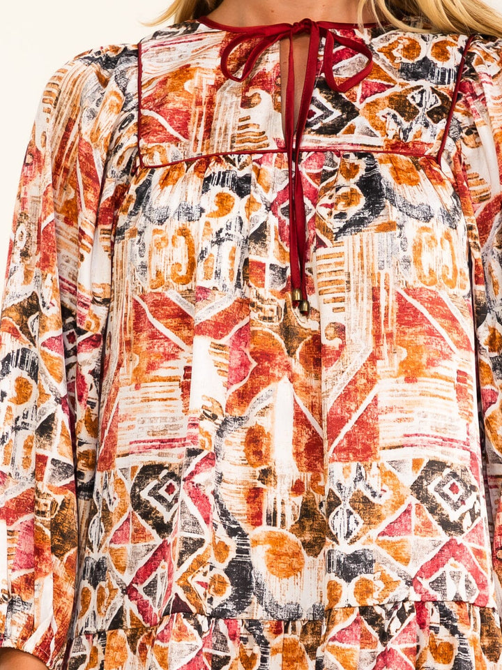 WOMEN'S 3/4 SLEEVE V-NECK FRONT POCKETS MULTI PRINT MINI DRESS