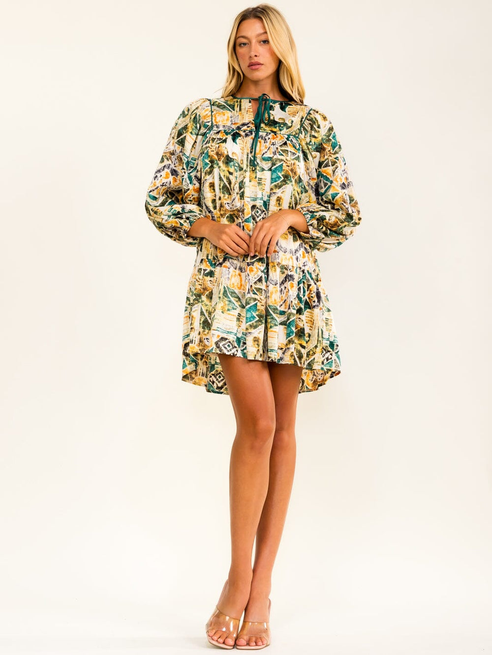 WOMEN'S 3/4 SLEEVE V-NECK FRONT POCKETS MULTI PRINT MINI DRESS