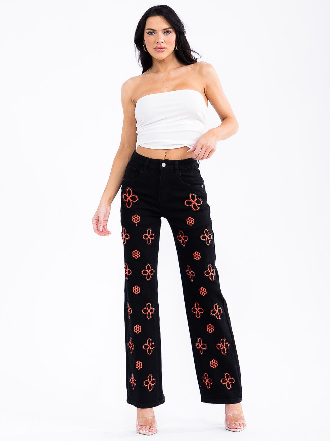 WOMEN'S BUTTON CLOSURE POCKETS PEARL FLOWERS DETAILED WIDE LEG DENIM PANTS