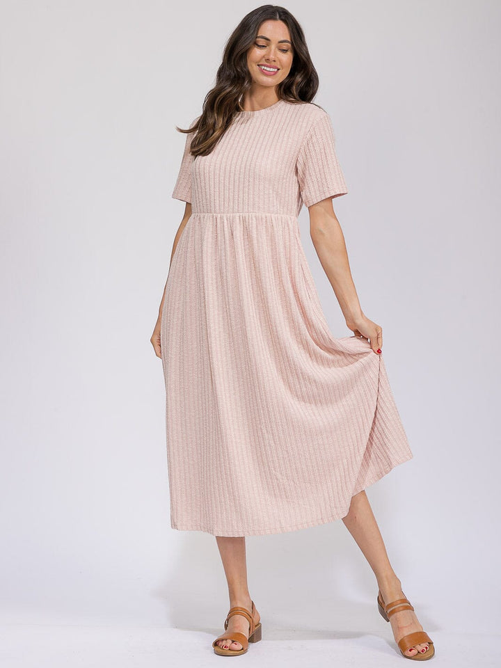 WOMEN'S SHORT SLEEVE ELASTIC WAIST FRONT POCKETS RIBBED MAXI DRESS