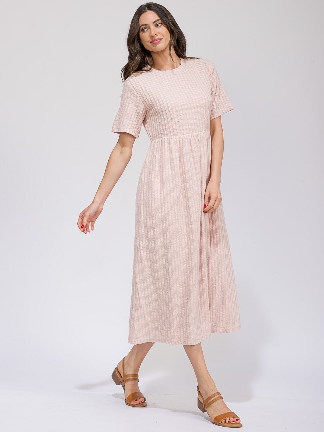 WOMEN'S SHORT SLEEVE ELASTIC WAIST FRONT POCKETS RIBBED MAXI DRESS