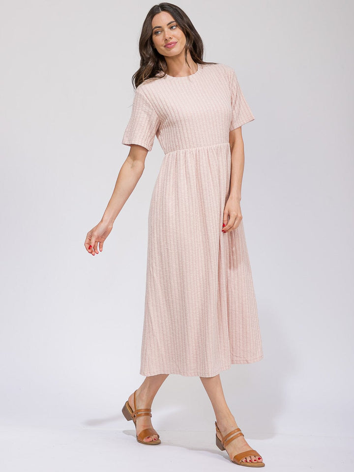 WOMEN'S SHORT SLEEVE ELASTIC WAIST FRONT POCKETS RIBBED MAXI DRESS