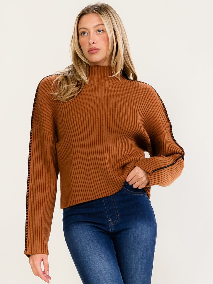 WOMEN'S LONG SLEEVE MOCK NECK RIBBED PULLOVER SWEATER