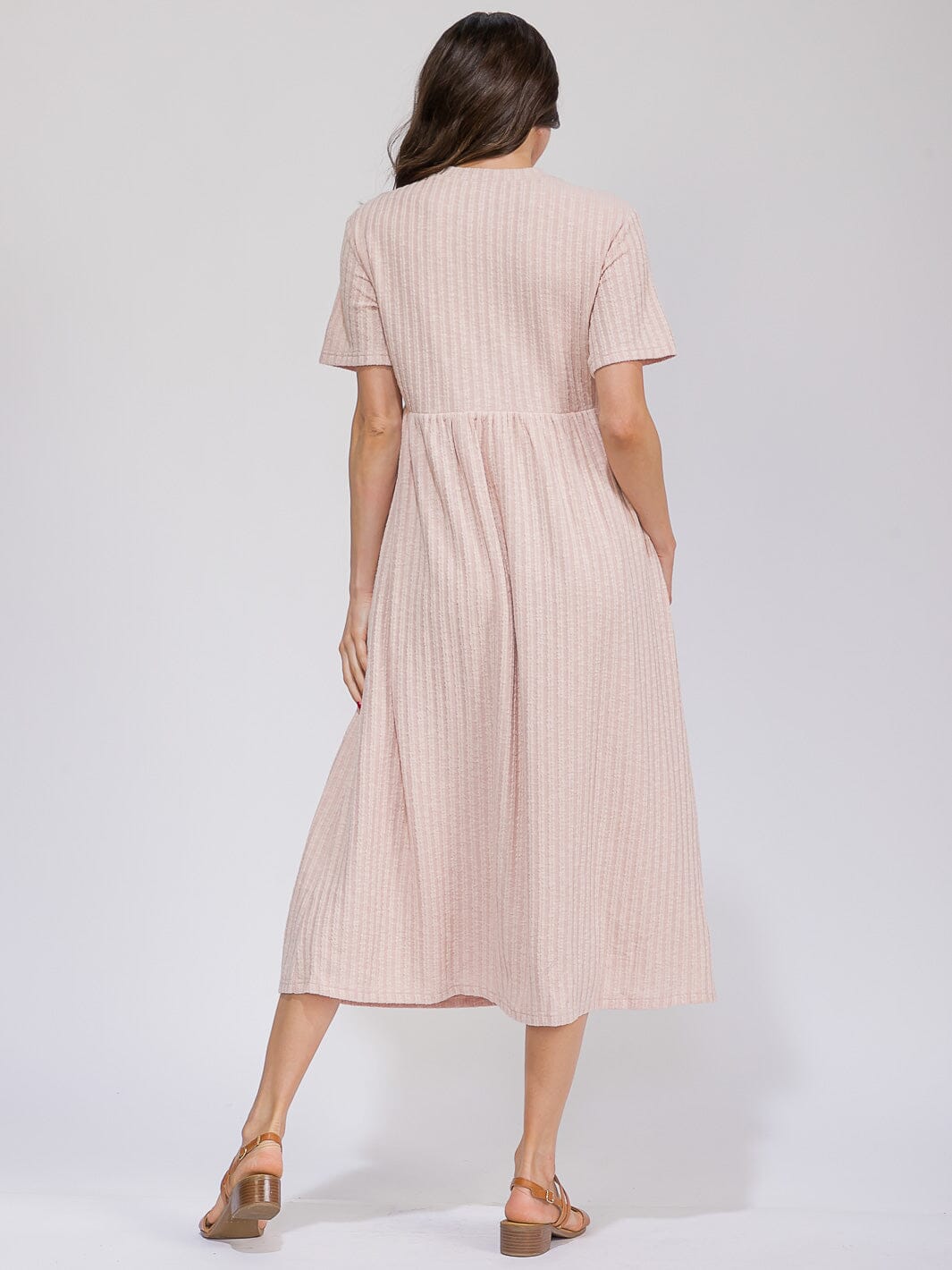 WOMEN'S SHORT SLEEVE ELASTIC WAIST FRONT POCKETS RIBBED MAXI DRESS