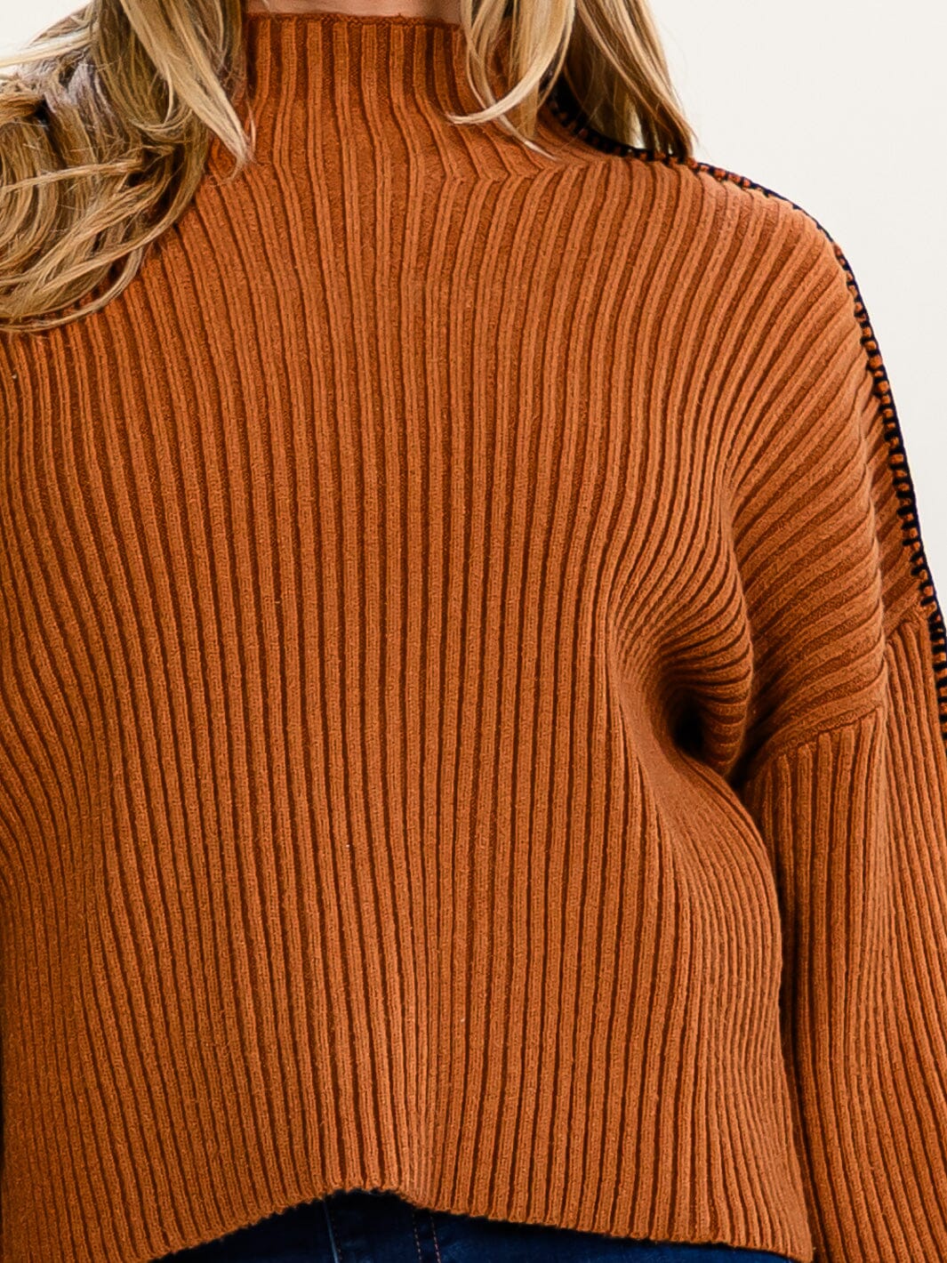 WOMEN'S LONG SLEEVE MOCK NECK RIBBED PULLOVER SWEATER