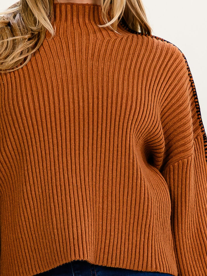 WOMEN'S LONG SLEEVE MOCK NECK RIBBED PULLOVER SWEATER