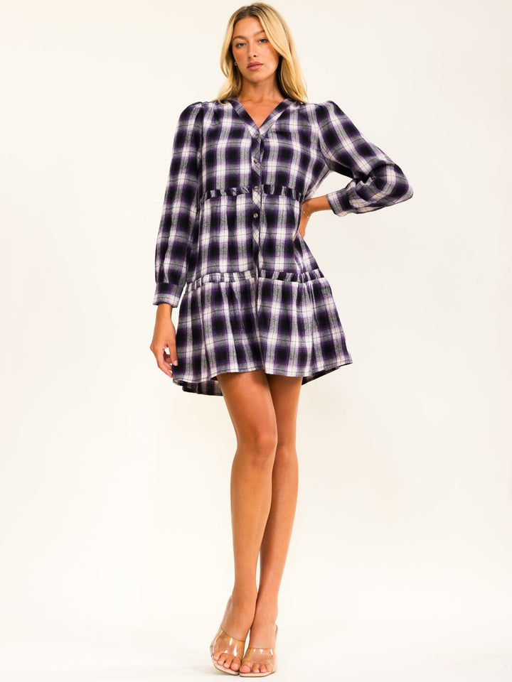 WOMEN'S LONG SLEEVE BUTTON UP LOOSE FIT PLAID MINI DRESS