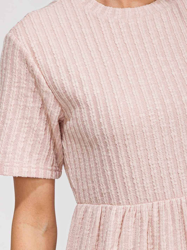 WOMEN'S SHORT SLEEVE ELASTIC WAIST FRONT POCKETS RIBBED MAXI DRESS