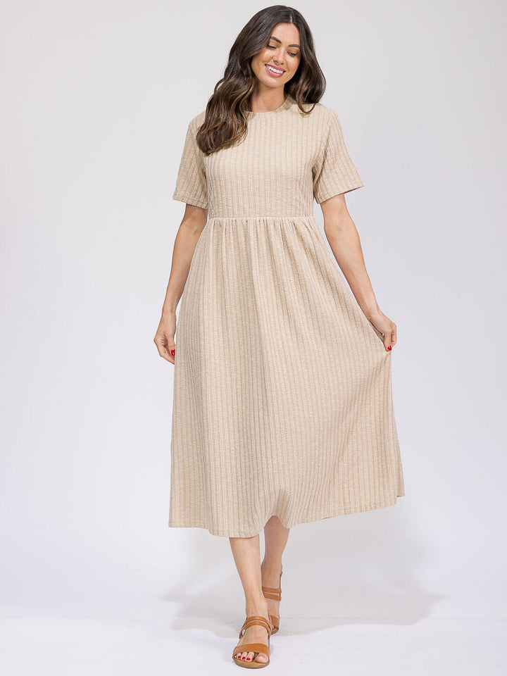 WOMEN'S SHORT SLEEVE ELASTIC WAIST FRONT POCKETS RIBBED MAXI DRESS