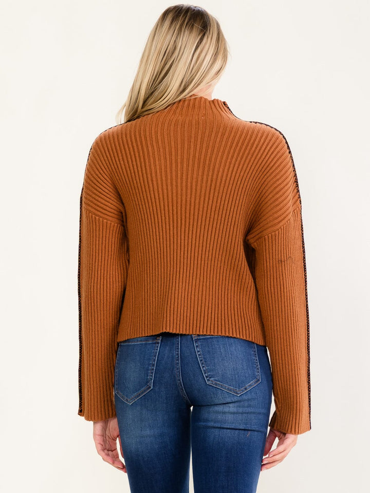 WOMEN'S LONG SLEEVE MOCK NECK RIBBED PULLOVER SWEATER