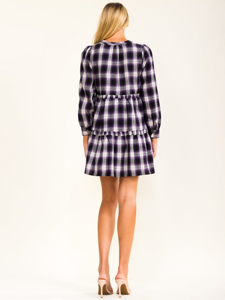 WOMEN'S LONG SLEEVE BUTTON UP LOOSE FIT PLAID MINI DRESS