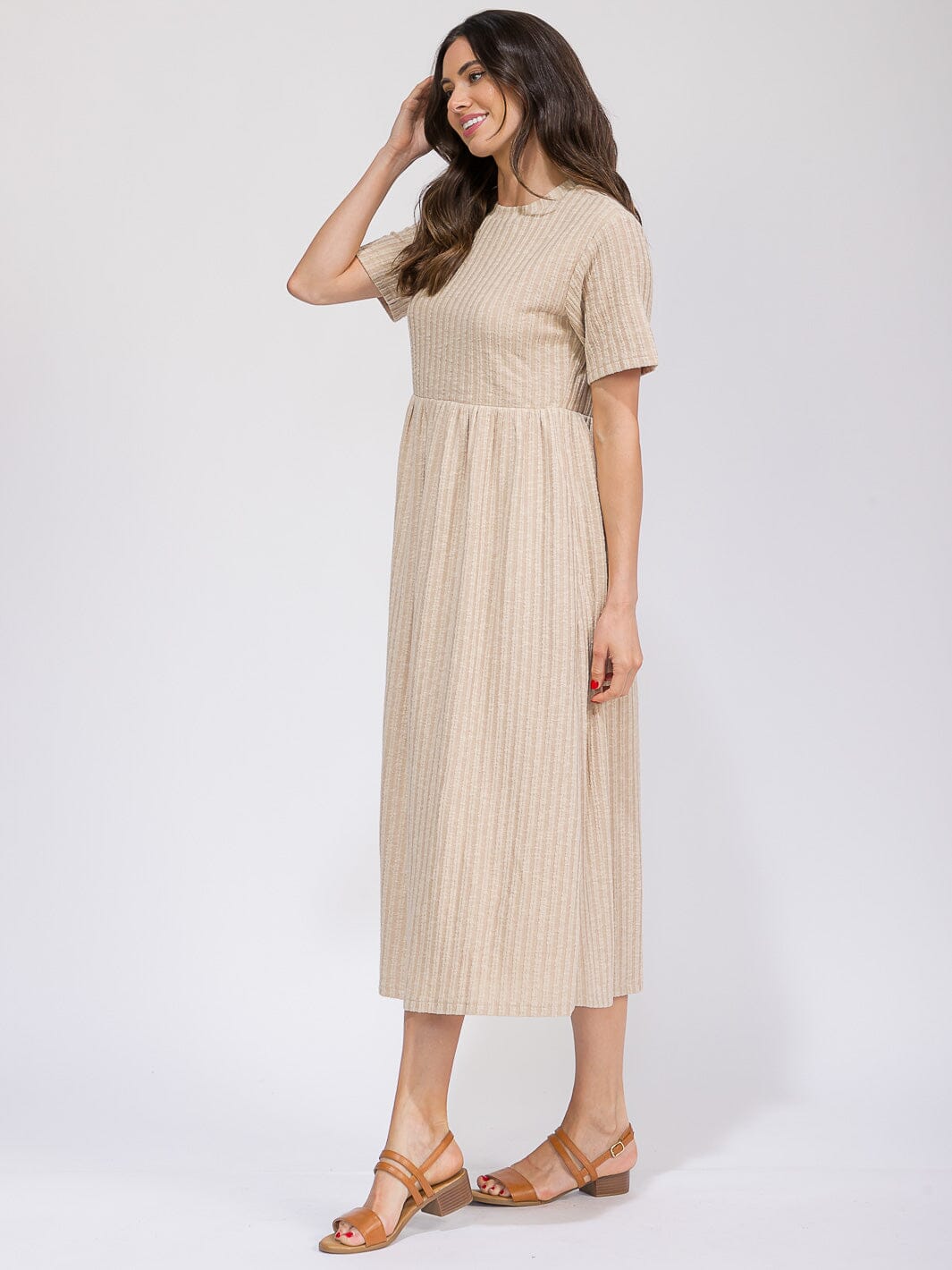 WOMEN'S SHORT SLEEVE ELASTIC WAIST FRONT POCKETS RIBBED MAXI DRESS