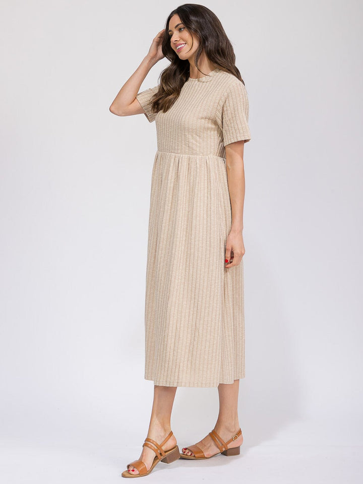 WOMEN'S SHORT SLEEVE ELASTIC WAIST FRONT POCKETS RIBBED MAXI DRESS