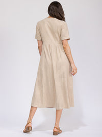 WOMEN'S SHORT SLEEVE ELASTIC WAIST FRONT POCKETS RIBBED MAXI DRESS