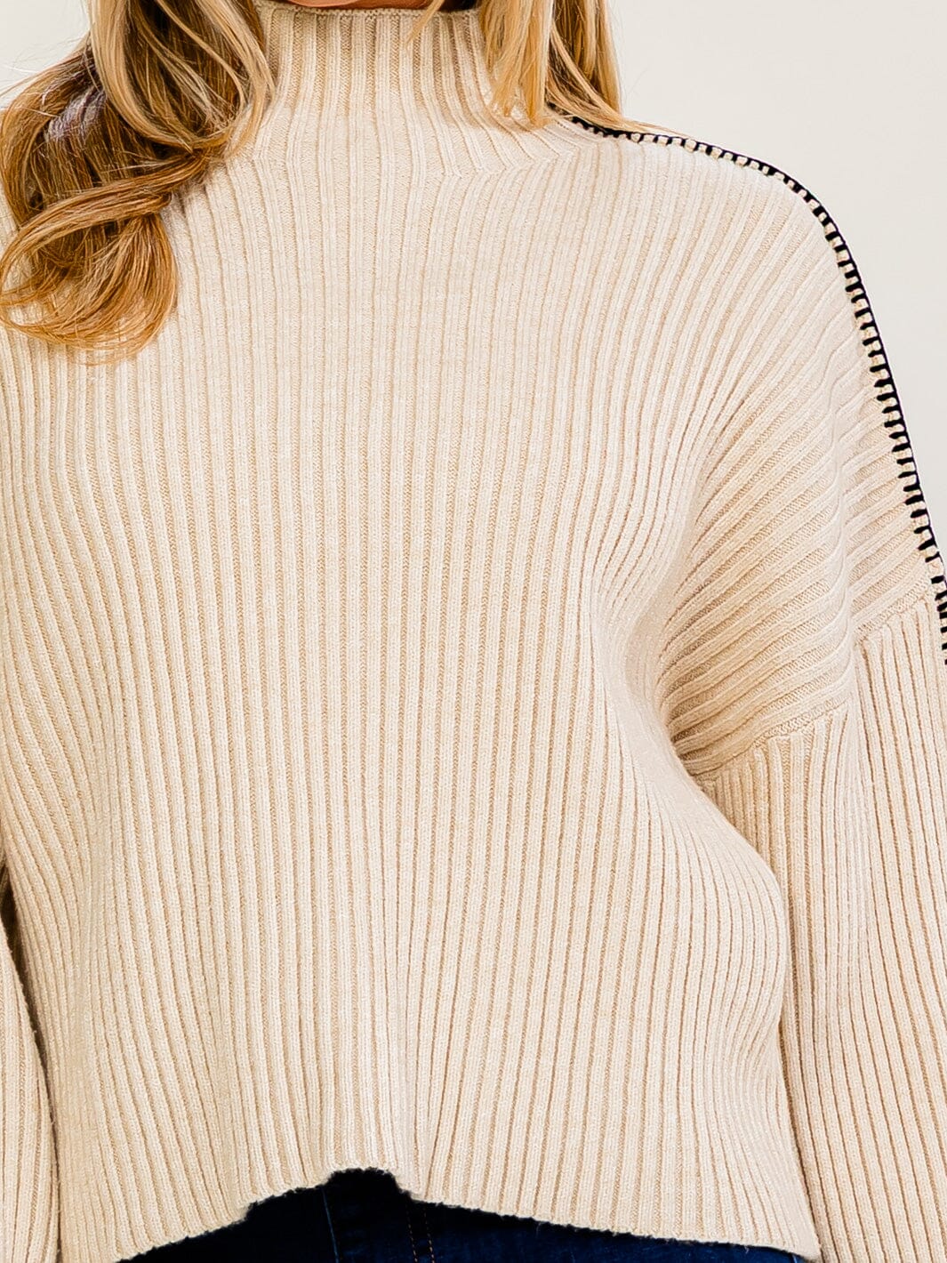 WOMEN'S LONG SLEEVE MOCK NECK RIBBED PULLOVER SWEATER