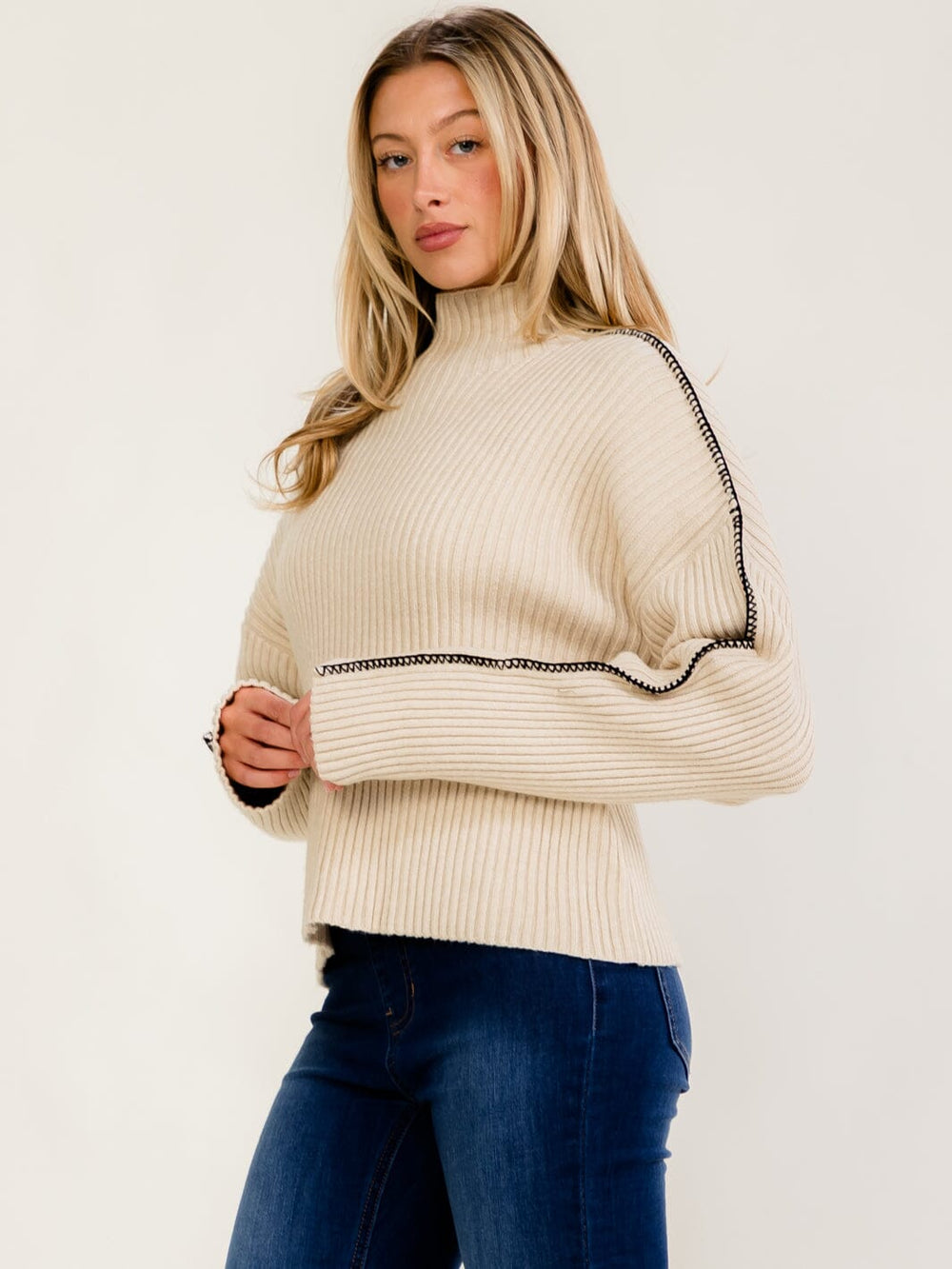 WOMEN'S LONG SLEEVE MOCK NECK RIBBED PULLOVER SWEATER