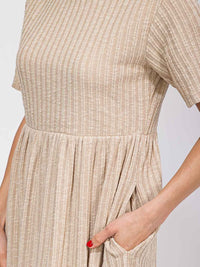 WOMEN'S SHORT SLEEVE ELASTIC WAIST FRONT POCKETS RIBBED MAXI DRESS