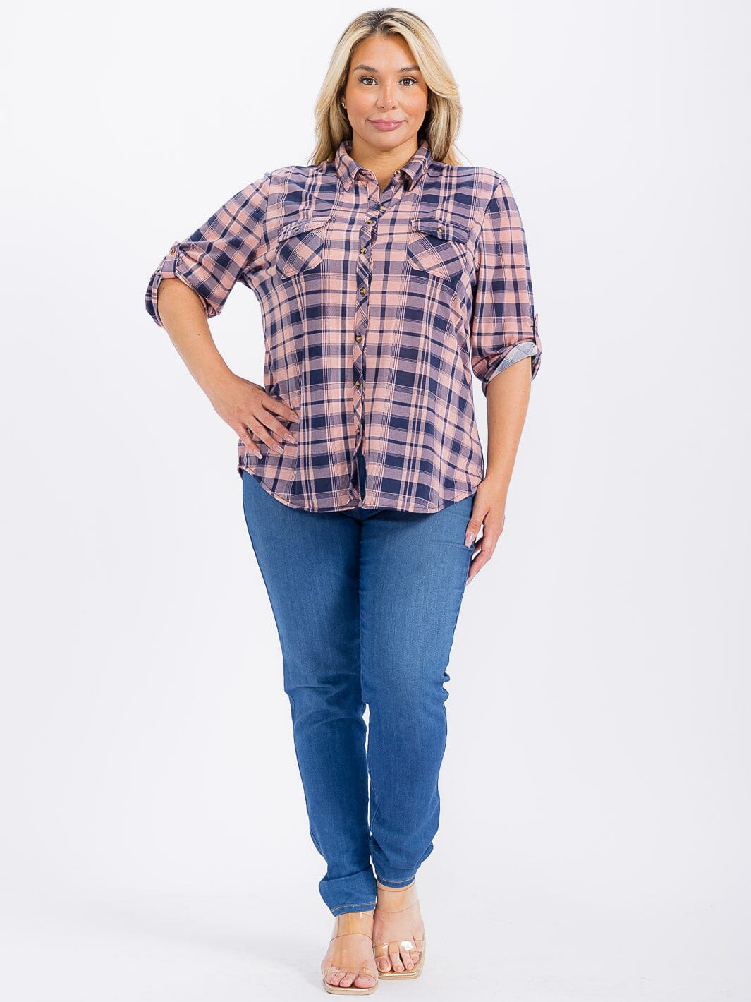 PLUS SIZE LONG SLEEVE FRONT POCKET BUTTON UP PLAID SHIRT
