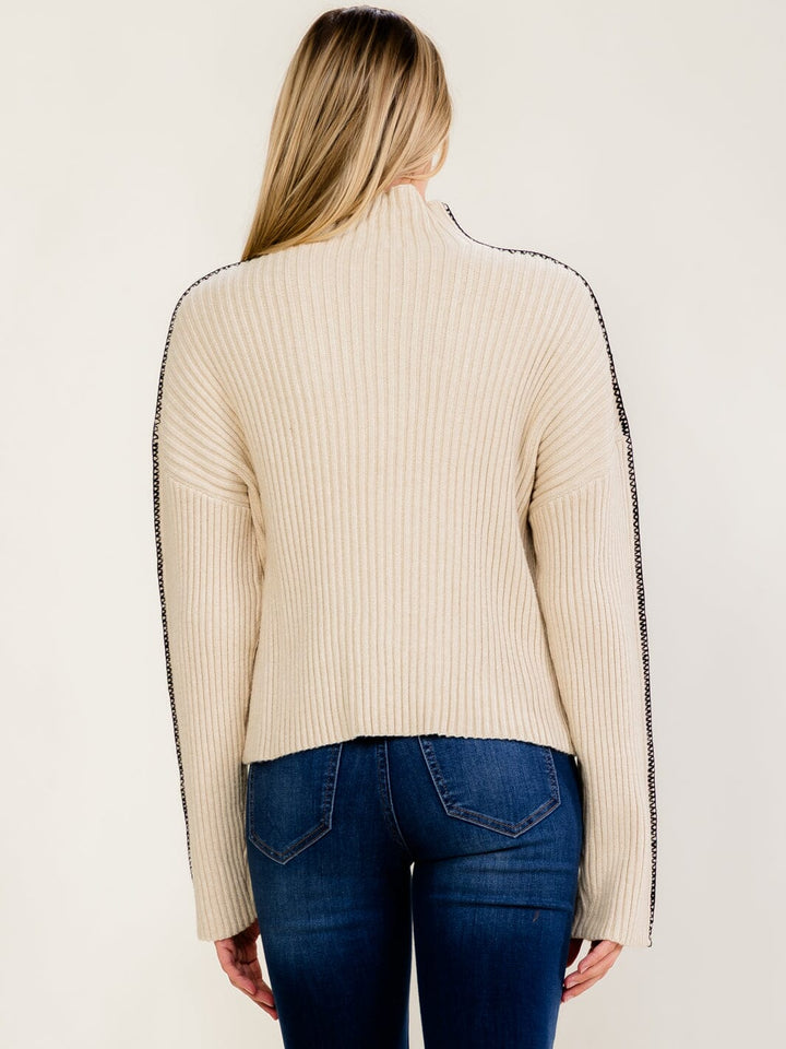 WOMEN'S LONG SLEEVE MOCK NECK RIBBED PULLOVER SWEATER