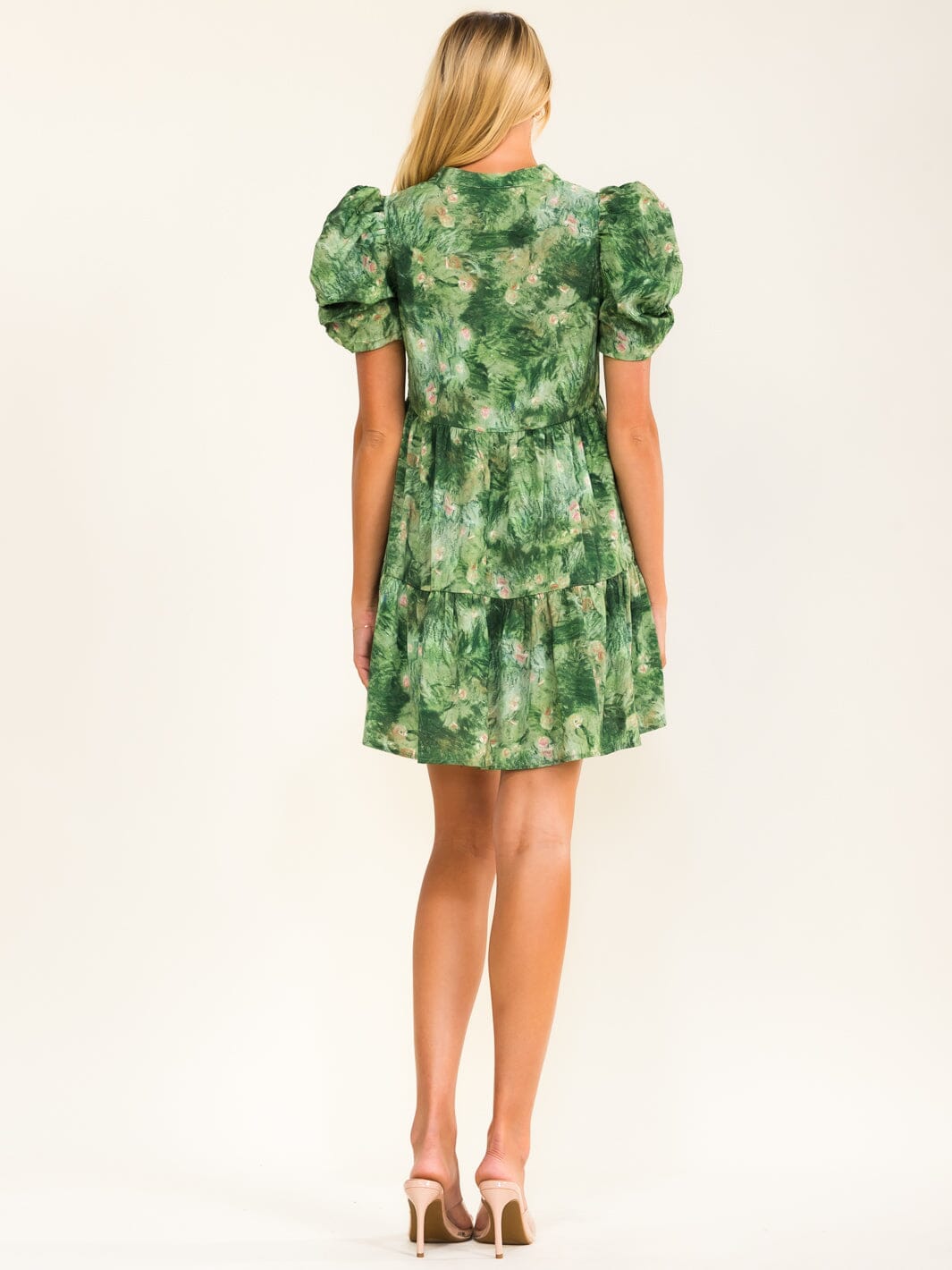 WOMEN'S SHORT PUFF SLEEVE V-NECK POCKETS TUNIC FLORAL PRINT MINI DRESS