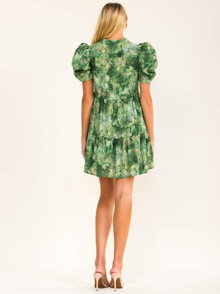 WOMEN'S SHORT PUFF SLEEVE V-NECK POCKETS TUNIC FLORAL PRINT MINI DRESS