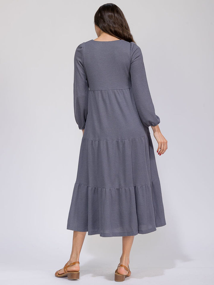 WOMEN'S LONG SLEEVE FRONT POCKETS TIERED WAFFLE MAXI DRESS