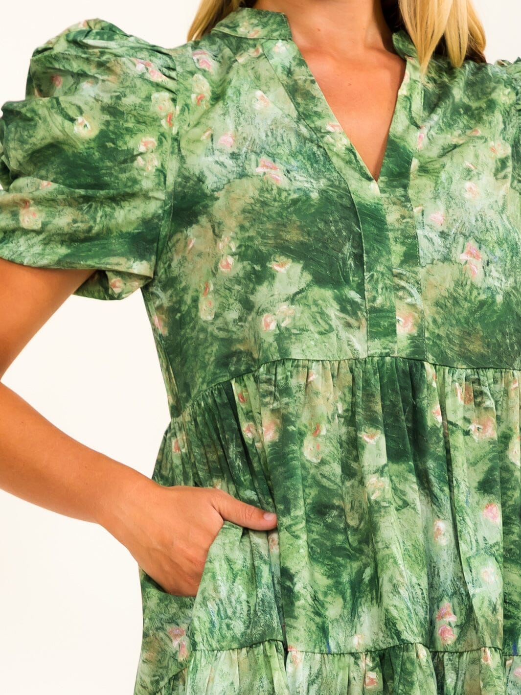 WOMEN'S SHORT PUFF SLEEVE V-NECK POCKETS TUNIC FLORAL PRINT MINI DRESS