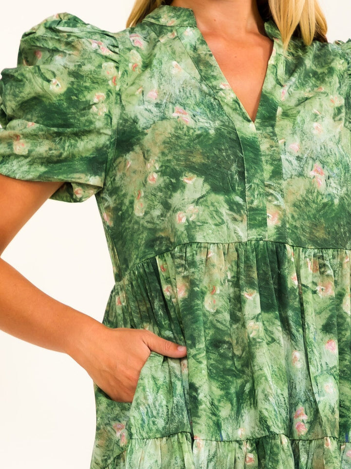 WOMEN'S SHORT PUFF SLEEVE V-NECK POCKETS TUNIC FLORAL PRINT MINI DRESS
