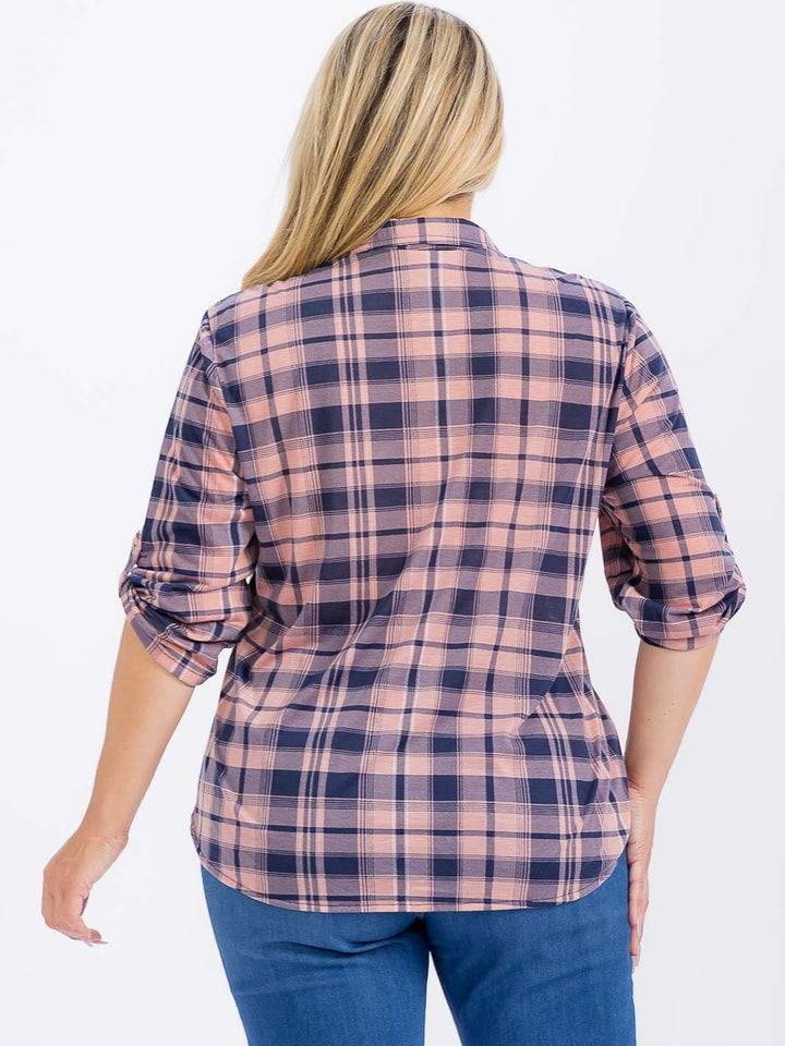 PLUS SIZE LONG SLEEVE FRONT POCKET BUTTON UP PLAID SHIRT