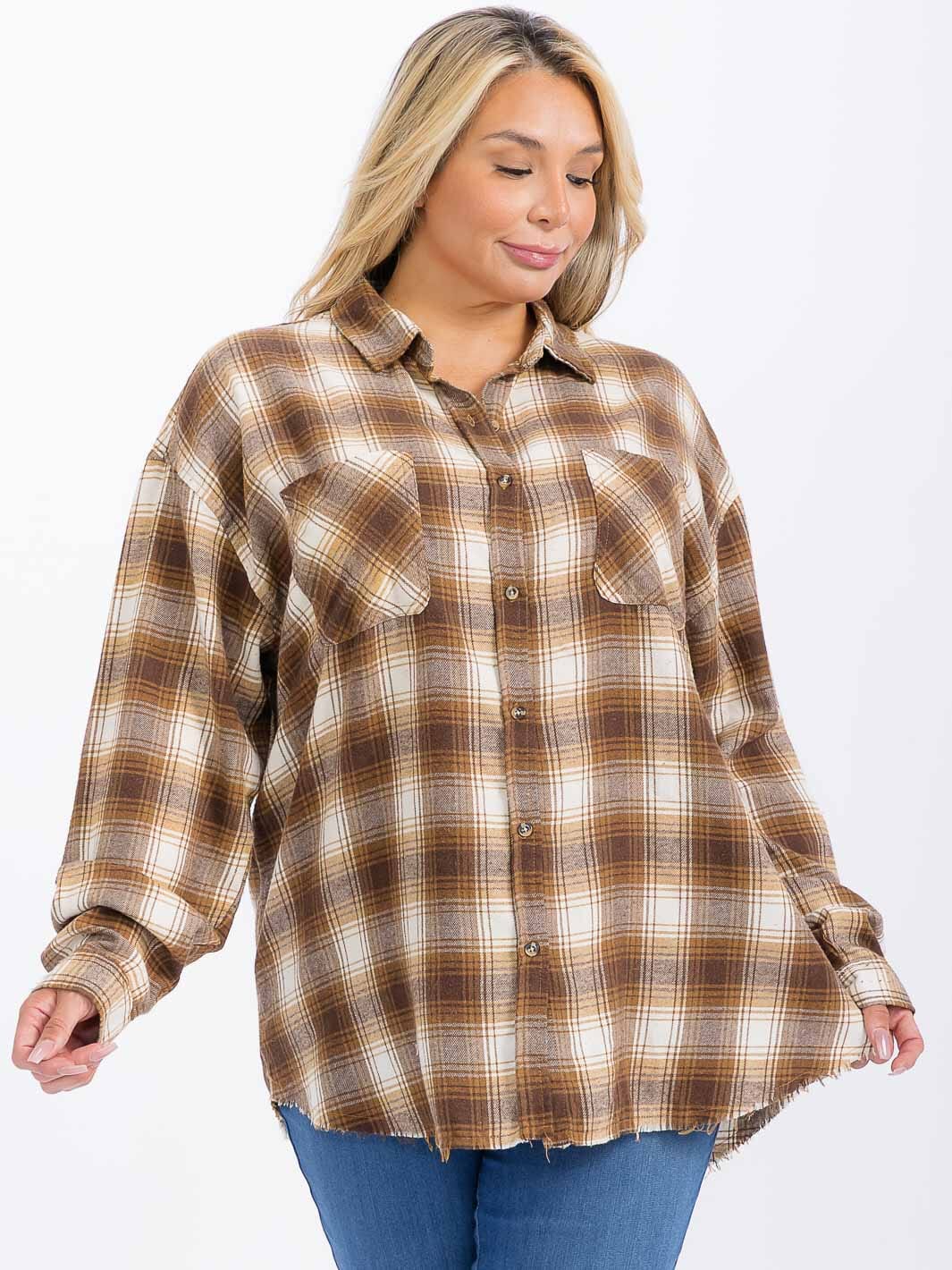 PLUS SIZE LONG SLEEVE FRONT POCKET BUTTON UP PLAID SHIRT