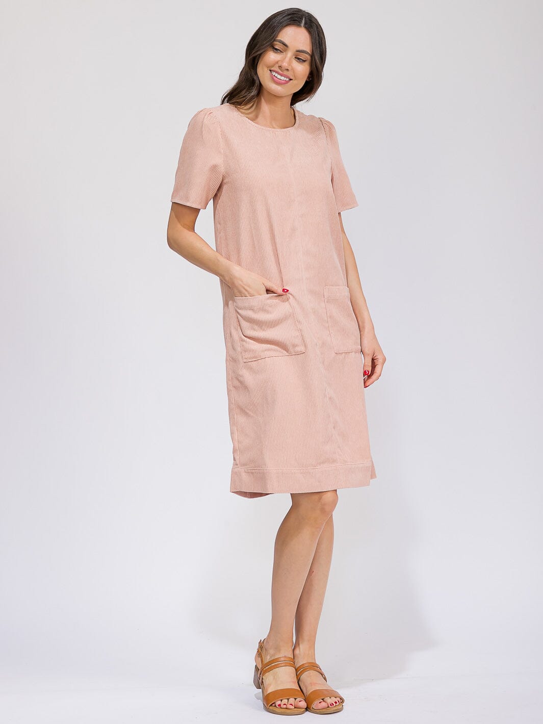 WOMEN'S SHORT SLEEVE FRONT POCKETS RIBBED MIDI DRESS