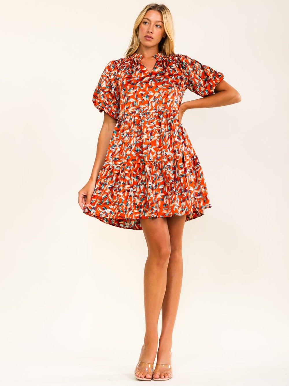 WOMEN'S SHORT SLEEVE V-NECK TUNIC MULTI PRINT MINI DRESS