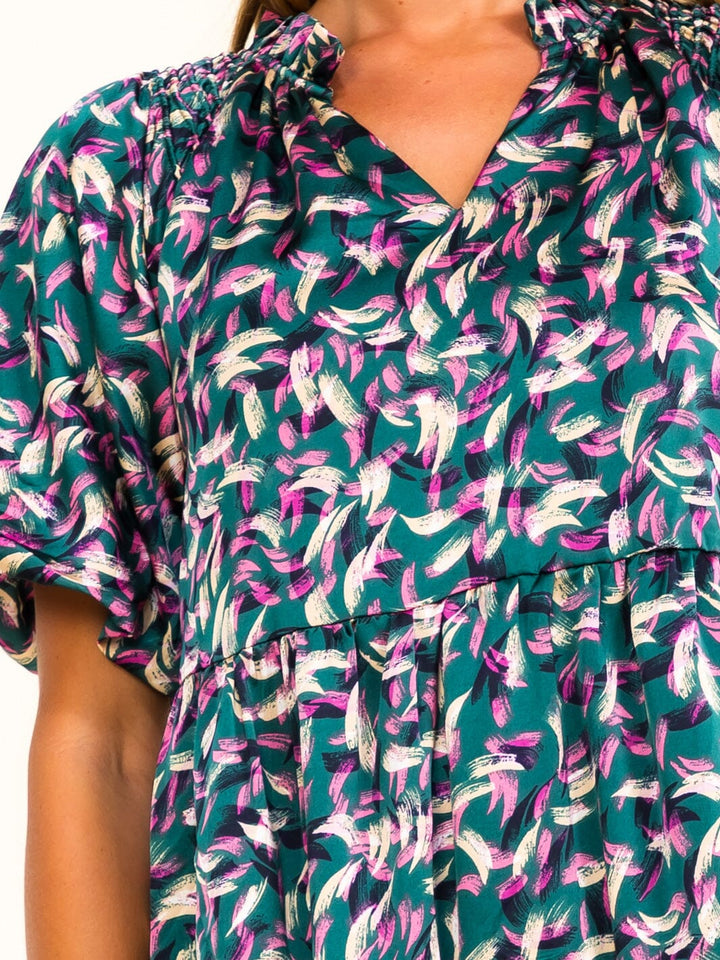 WOMEN'S SHORT SLEEVE V-NECK TUNIC MULTI PRINT MINI DRESS