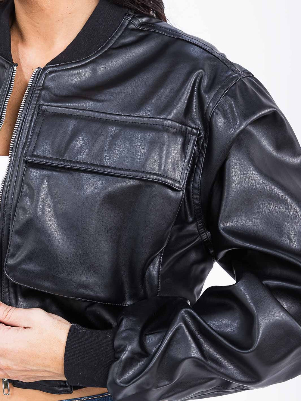 WOMEN'S LONG SLEEVE ZIP UP POCKETS PU PLEATHER JACKET