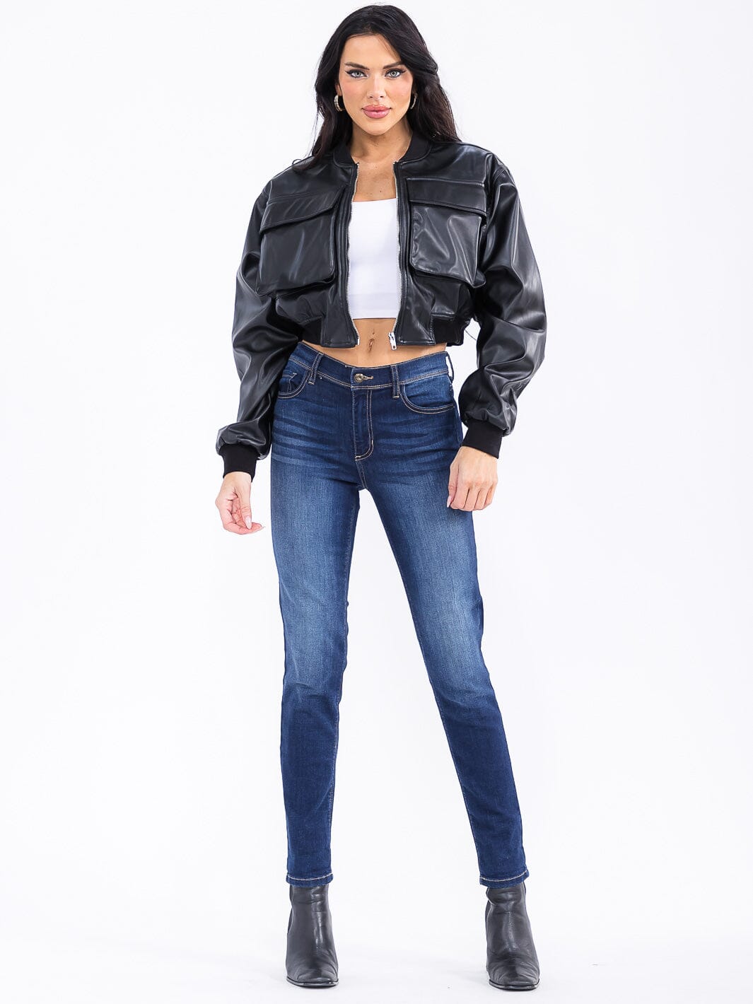 WOMEN'S LONG SLEEVE ZIP UP POCKETS PU PLEATHER JACKET