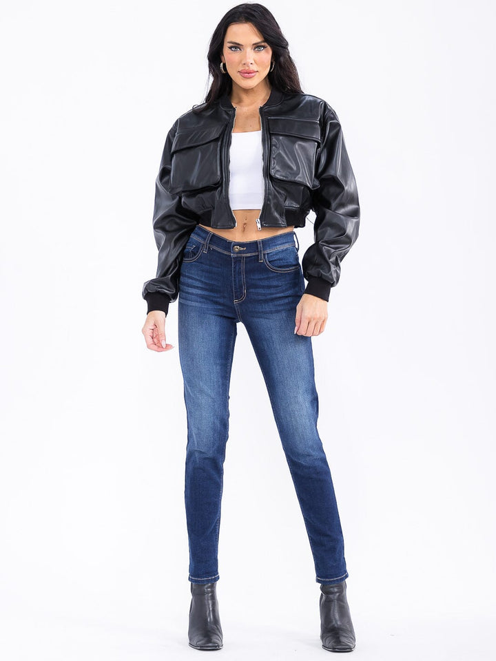 WOMEN'S LONG SLEEVE ZIP UP POCKETS PU PLEATHER JACKET