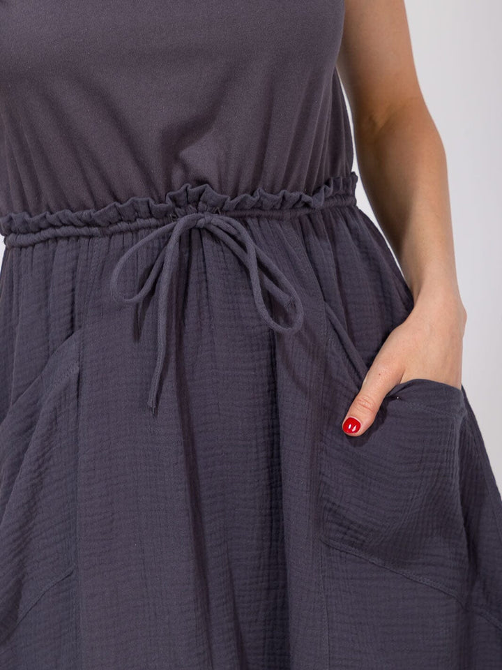 WOMEN'S SHORT SLEEVE ELASTIC WAIST FRONT POCKETS CONTRAST MIDI DRESS