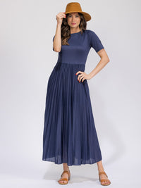 WOMEN'S SHORT SLEEVE FRONT POCKETS ELASTIC WAIST CONTRAST MAXI DRESS