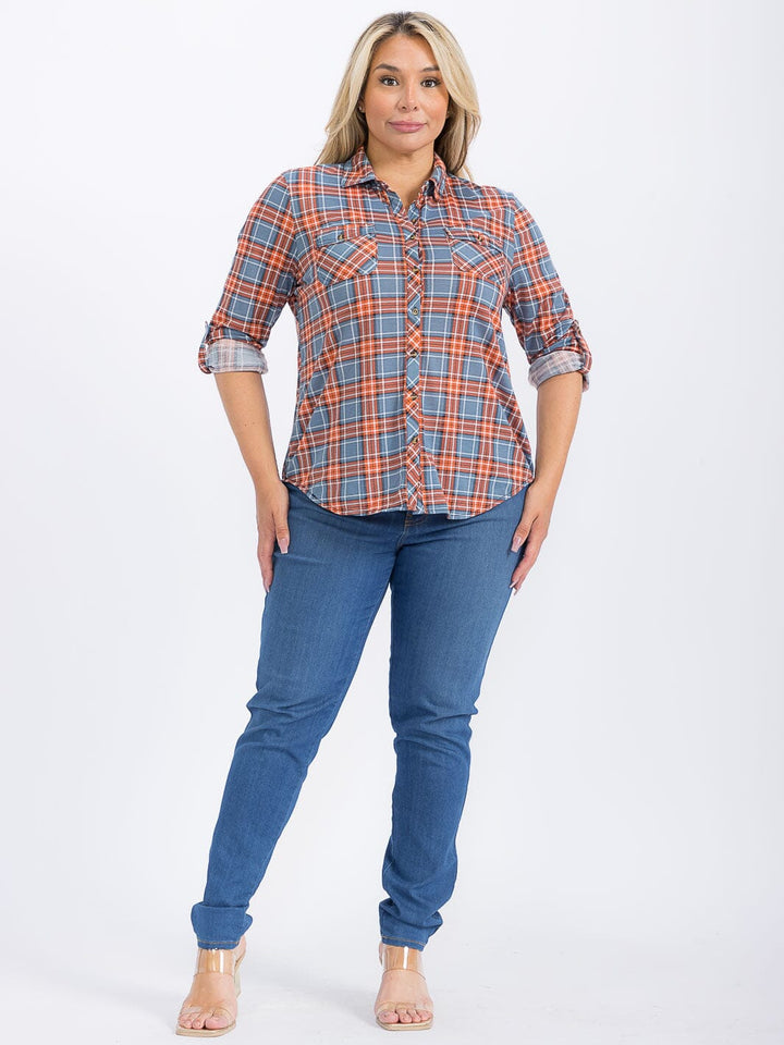 PLUS SIZE LONG SLEEVE FRONT POCKET BUTTON UP PLAID SHIRT