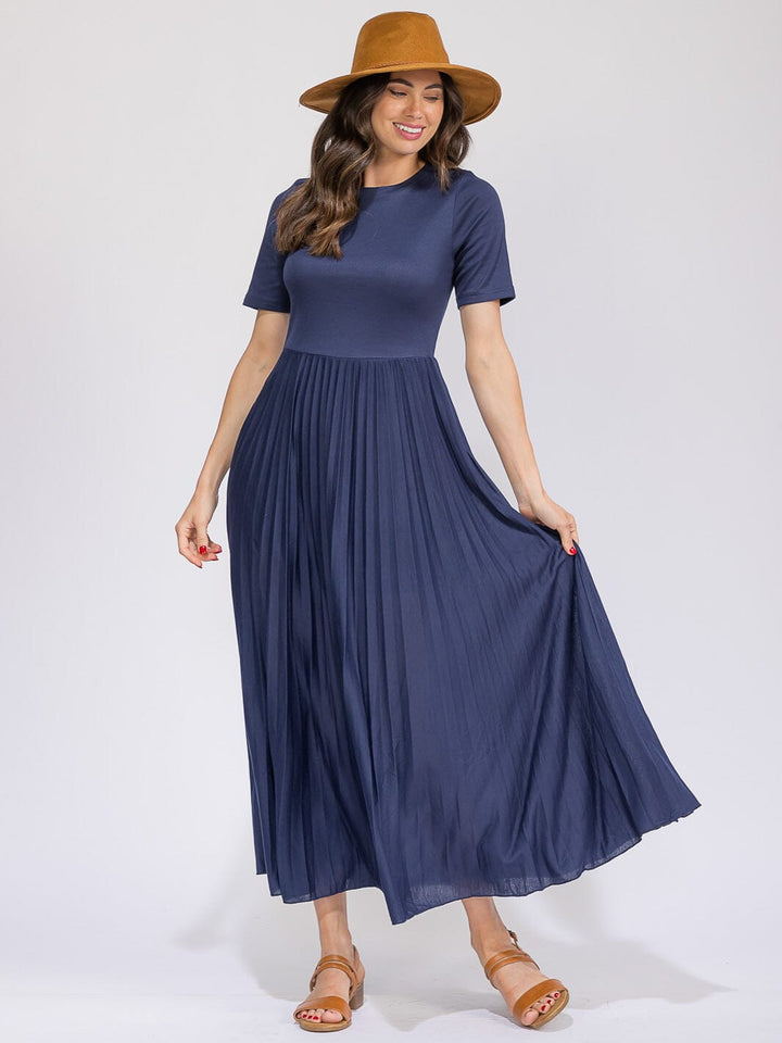 WOMEN'S SHORT SLEEVE FRONT POCKETS ELASTIC WAIST CONTRAST MAXI DRESS