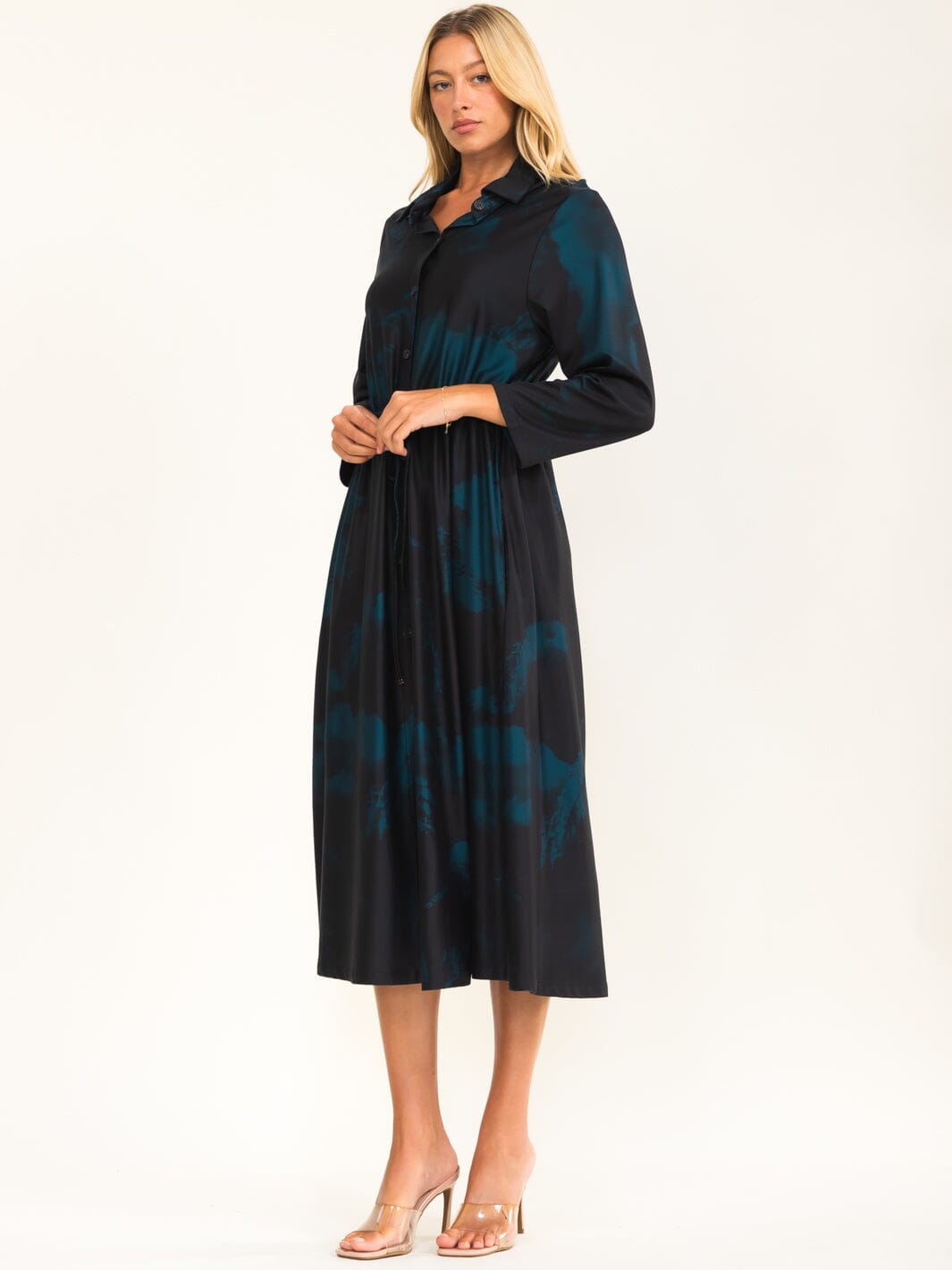 BEULAH WOMEN'S LONG SLEEVE SELF TIE MIDI DRESS
