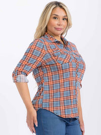 PLUS SIZE LONG SLEEVE FRONT POCKET BUTTON UP PLAID SHIRT