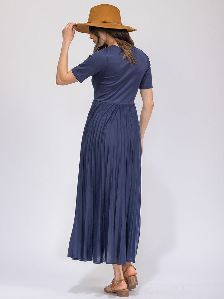WOMEN'S SHORT SLEEVE FRONT POCKETS ELASTIC WAIST CONTRAST MAXI DRESS